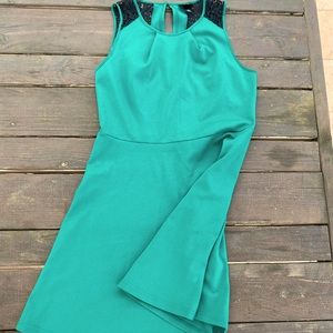 Emerald a-line cocktail dress with black lace